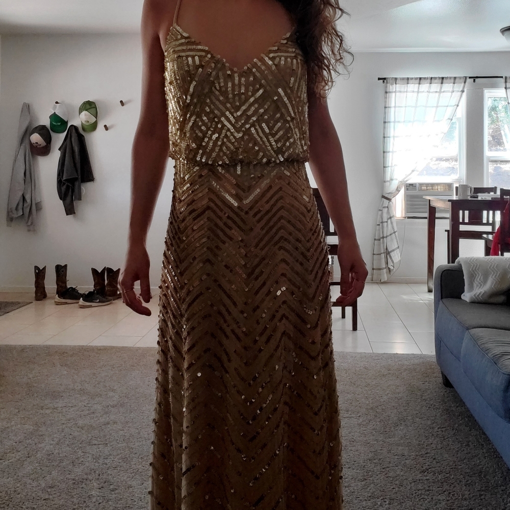 Adrianna Papell Cross Back Gold Beaded Gown